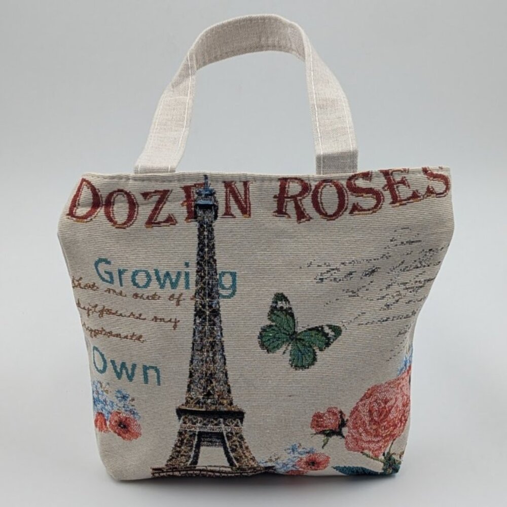 Beige Tan Cream Canvas Eiffel Tower & Rose Hand | Tote Bag